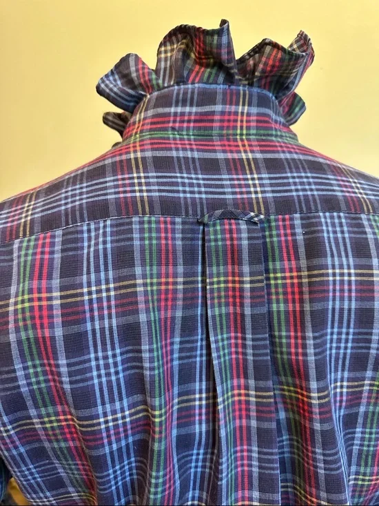 Saddlebred Recycled Navy Plaid Button-Down Ruffled Collar Shirt - Picture 3 of 6